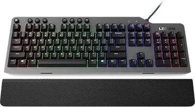 A top-down view of a gaming keyboard and wrist rest on a white background.