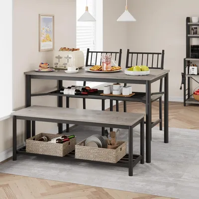 Obrázek produktu pro Kompletní jídelní set pro 4 osoby, skládající se ze stolu, dvou židlí a lavice, s kovovou konstrukcí, barva šedá