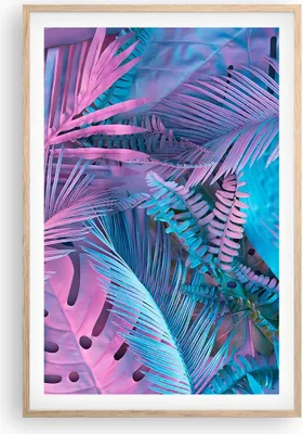 Produktbild von Gerahmtes Poster - Rahmen in heller Eiche - Blätter Rosa Blau - 61x91,5 cm - Wand Bild - Wanddeko - Wandbilder - Kunstposter - Wandposter - Bilderrahmen - Bilder - Kunstdruck - P2NPA61x91-4401
