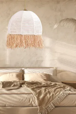 Immagine prodotto di Opviq, lampada a sospensione di alta qualità, diametro 30 cm, altezza 80 cm | Corpo in plastica, paralume in cotone | Attacco E27, max. 40 W | Beige, stile boho, rustico - Perfetta per ogni ambiente!