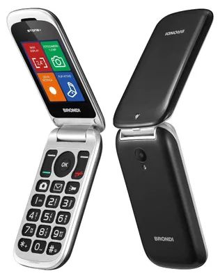A black and silver Brondi Stone+ basic clamshell mobile phone is shown from two angles, one open and one closed.