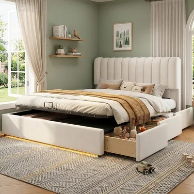 Immagine prodotto di Letto imbottito 140x200 cm, color beige, rivestito in velluto francese, con spazio contenitore, 3 cassetti e striscia LED, ideale per la camera da letto