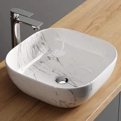 Produktbild von Planetmöbel Aquil Deluxe Waschbecken Oval 42 cm - Marmor Weiß | Aufsatzwaschbecken für Badezimmer und Gäste-WC