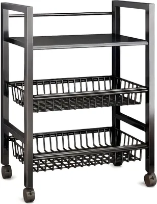 Produktbild von 3-Etagen Rollwagen aus Metall, Küchenwagen mit Rollen, Küchenregal Schwarz | Robuster Allzweckwagen mit 1 Ablage & 2 Gitterkörben, ideal als Nischenwagen für Küche, Bad & Büro, 360°-Rollen, platzsparend