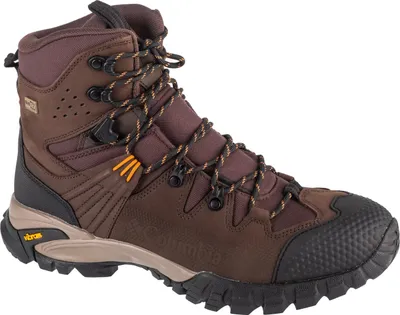 A single brown hiking boot is shown against a white background.