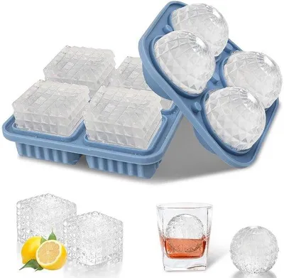 Immagine prodotto di Ibenzoa® Set di 2 stampi in silicone per cubetti di ghiaccio, con coperchio e imbuto – ogni stampo produce 4 cubetti grandi o sfere di ghiaccio di Ø 5 cm, senza BPA, a prova di perdite, resistenti da -40°C a 230°C