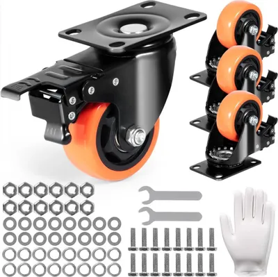 Obrázek produktu pro Sada 4 nábytkových koleček - Otočná kolečka z PVC φ76,2 mm - Nosnost koleček 454 kg - Přepravní kolečka s brzdami A/B - Skříňová kolečka otočná o 360° - Kolečka pro těžké použití v domácnostech, kancelářích, ateliérech a továrnách.