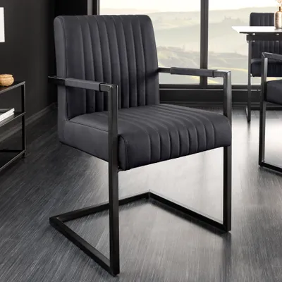 Produktbild von riess-ambiente Moderner Freischwinger Stuhl BIG ASTON Echtleder schwarz Federkern Metall Esszimmerstuhl Essstuhl
