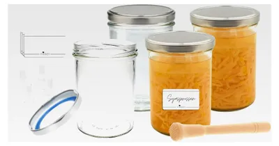 Produktbild von Fermentationsstarterset 4x Fermentierglas 435 ml mit Deckel, Fermentiergitter, Holzstampfer und Etiketten