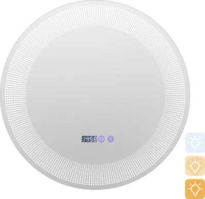 A round LED bathroom mirror with a digital display and touch controls.