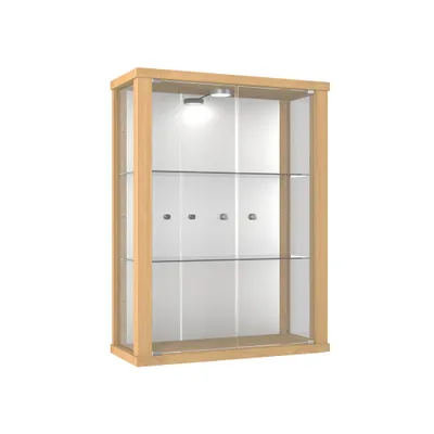 Obrázok produktu pre VR-Wohnideen sklenená skrinka v bukovej farbe (80x60x25 cm) s 2 výškovo nastavitelnými policami z tvrdeného bezpecnostného skla, LED a zrkadlom; osvetlená; ideálna pre zberatelov;
