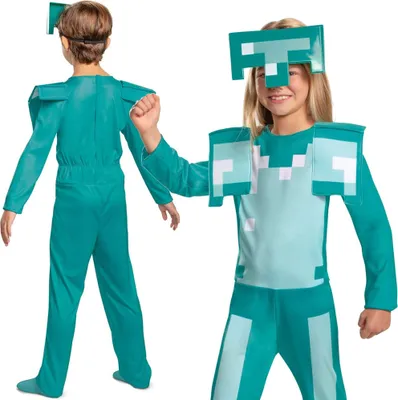 Two children wearing Minecraft Diamond Armour costumes against a white background.