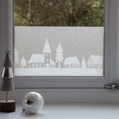Produktbild von Selbsthaftend Fensterbordüre 20x150 cm - Winterdorf - Fensterfolie statisch haftend ohne Kleber für einfache Montage - Fensterbilder für Fenster und Glasflächen - Fensterdeko wiederverwendbar