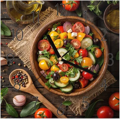 Produktbild von Wanduhr aus Glas mit Motiv Frischer Gemüsesalat- 30 x 30 cm - inkl. Aufhängesystem