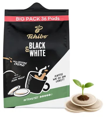 Produktbild von Tchibo Kaffeepads BLACK & WHITE, 36 Stück – 1er-Pack (Kaffee, kräftig mit starkem Geschmack), nachhaltig, geeignet für Senseo Maschinen