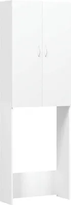 A white cabinet with two doors on top and an open space below.