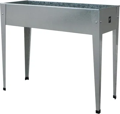 A silver metal raised garden bed with four legs, shown against a white background.