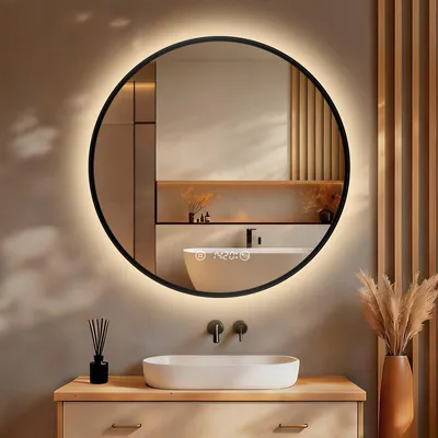 Image de S'AFIELINA miroir salle de bain LED 70 cm rond, tactile, anti-buée, variateur, horloge, température, mémoire, bordure noire