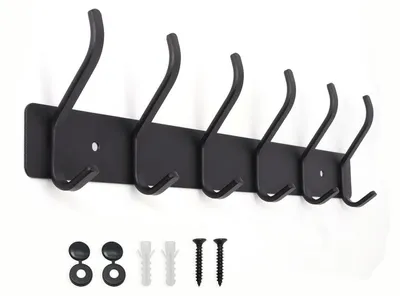 Immagine prodotto di Asta appendiabiti in metallo, colore nero, lunghezza 39 cm, con 6 ganci doppi per montaggio a parete