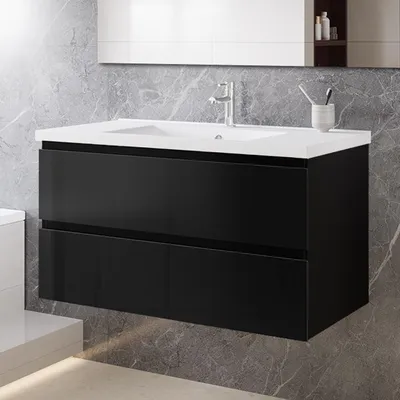 Produktbild von 100 cm Badmöbel-Set Unterschrank mit Keramik waschtisch 2 Schubladen soft-close Hochglanz Schwarz Selbstmontierter