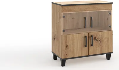 Produktbild von Vitrine Vanessa VI niedriger Schrank Glas Bar Schränke Regal Holz Möbel Wohnzimmer Glastür mit Holzbeine Wohnzimmerschrank (Eiche Artisan und schwarz)