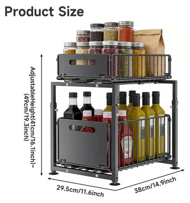 Zdjęcie produktu dla Dwupoziomowy organizer do szafek – półka pod zlew, regulowana wysokość, składana, wysuwana szuflada, półka na przyprawy, stal – kolor czarny
