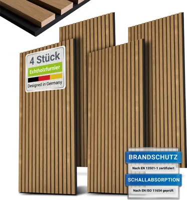 Produktbild von Juskys Wandpaneele Akustik 4er Set 2,88 qm - Verbesserte Akustik durch schallabsorbierende Materialien - Eiche Natur Dunkel