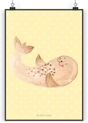 Produktbild von Mr. & Mrs. Panda Bild Robbe Liegen DIN A3 - Gelb Pastell - Geschenk, Ostsee, Plakat, Meerestier, Lustige Sprüche, Nordsee, Seehund, wanddeko, Wandbild, drucke, Strand