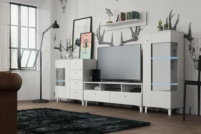 Productafbeelding van Woonkamer set: vitrinekast, dressoir, wandplanken, wandmeubel. Set van 4 delen. Designkast.
