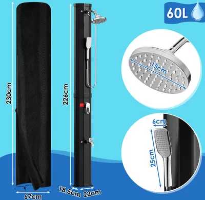 Produktbild von TolleTour Solardusche Pooldusche Gartendusche 60L Schwarz mit Schutzhaube und Handbrause Campingdusche bis zu 60°C Regendusche Außendusche Camping Pool