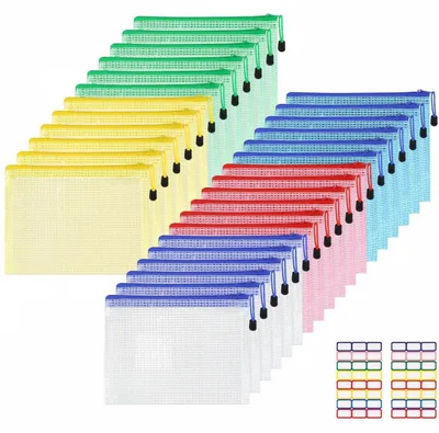 Zdjęcie produktu dla Torby dokumentów formatu A5 z zamkiem błyskawicznym, 30 sztuk, wykonane z PVC, wodoodporne, wielokolorowe, z samoprzylepnymi etykietami