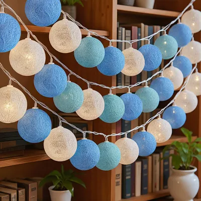 Lichterkette mit Baumwollkugeln, 3 m, 20 LEDs, blau
