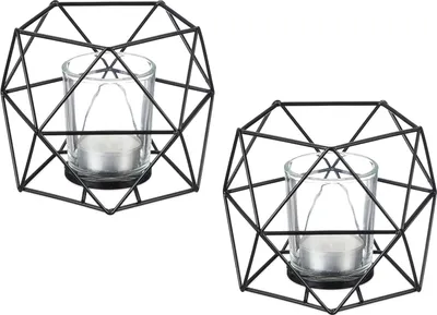 Produktbild von Relaxdays Teelichthalter, 2er Set, Metall, geometrisch, H x B x T: 10 x 13 x 12 cm, Kerzenständer mit Votivglas, schwarz