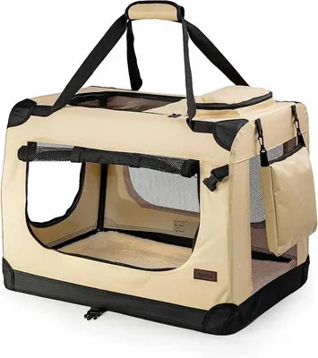 Produktbild von Hundetransportbox, Faltbar, für Reise & Auto, 101x69x70 cm, Beige | Stabile Hundebox aus Stoff mit Netzfenstern, Tragegriffen, weicher Decke & Taschen, für Katzen & Hunde bis 25 kg geeignet
