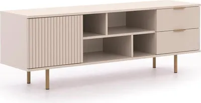 Produktbild von BETTSO RTV Schrank mit Schubladen 150cm BIANCO Cashmere auf goldenen Beinen geriffelte Fronten