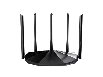 A black Tenda TX2 Pro WLAN-Router is shown against a white background.