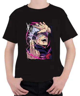 Productafbeelding van Jujutsu Kaisen, T-shirt voor kinderen, uni, met afbeelding van Gojo, wit haar, oogbindel en energiecirkel, zwart, maat 140
