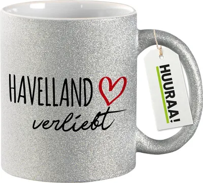 Produktbild von Huuraa Glitzertasse Havelland verliebt 330ml Silber Keramik Kaffeebecher Geschenkidee