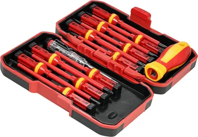 Immagine prodotto di Set di attrezzi da elettricista - Set di cacciaviti - 13 pezzi - Isolamento VDE 1000 V - Inserti intercambiabili - Inserti magnetici a taglio - Acciaio al cromo-vanadio - Rosso