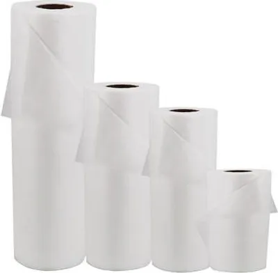 Four rolls of white filter fleece of varying sizes are arranged in a descending diagonal line against a white background.
