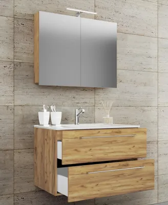 Produktbild von VCM 3-tlg. Waschplatz Waschtisch | Waschbecken Unterschrank Breite 80 cm | Badmöbel Set mit Schubladen Drehtüren Spiegelschrank | Badinos