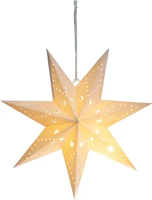A white paper star lantern with small cutouts, illuminated from within, hanging from a thin string.