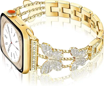 Produktbild von Stravo Luxus Damen-Armband mit Schmetterling & Strass – Für Apple Watch 38/40/41/42 mm Serie 1–11 & SE – Elegant – Gold