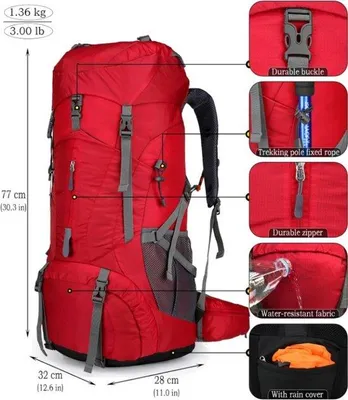 Productafbeelding van Famanu wandelrugzak 70L - Lichtgewicht, waterdicht, met regenhoes, rood
