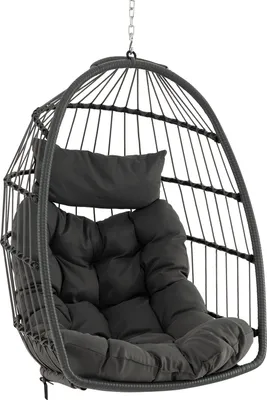 Produktbild von COSTWAY Hängesessel faltbar, Hängekorb Sessel aus PE-Rattan mit weichem Kissen, Hängeschaukel mit Hängezubehör Grau