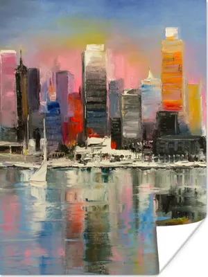 Produktbild von MuchoWow® Poster Gemälde - Öl - Skyline - Wasser 60x80 cm - Schlafzimmer Dekoration