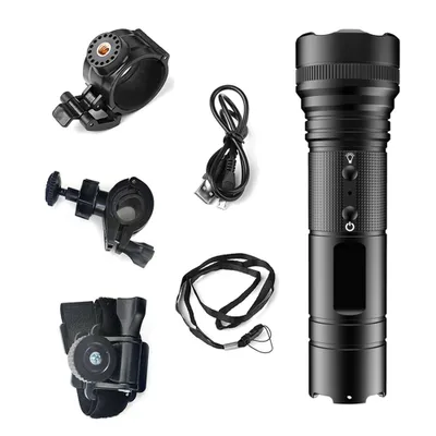 A collection of items including a flashlight, mounting accessories, and a USB cable, arranged on a white background.