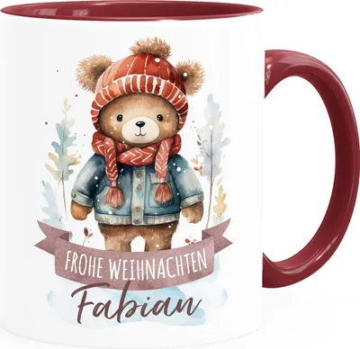 Produktbild von Kindertasse Weihnachten Tier-Motive personalisiert mit Namen Namenstasse Geschenk für Jungen und Mädchen SpecialMe® Bär 3 weiss-innen-bordeauxrot standard