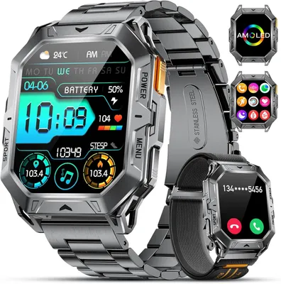 Smartwatch Herren Militär 1000mAh Akku, 2.13" AMOLED Display, Bluetooth Anrufe, Herzfrequenz Schlafmonitor, 110+ Sportmodi, IP68 Fitnessuhr