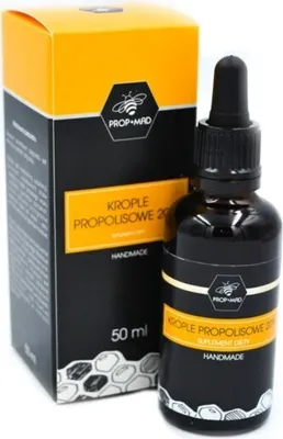 A product shot of a bottle of propolis drops next to its packaging.
